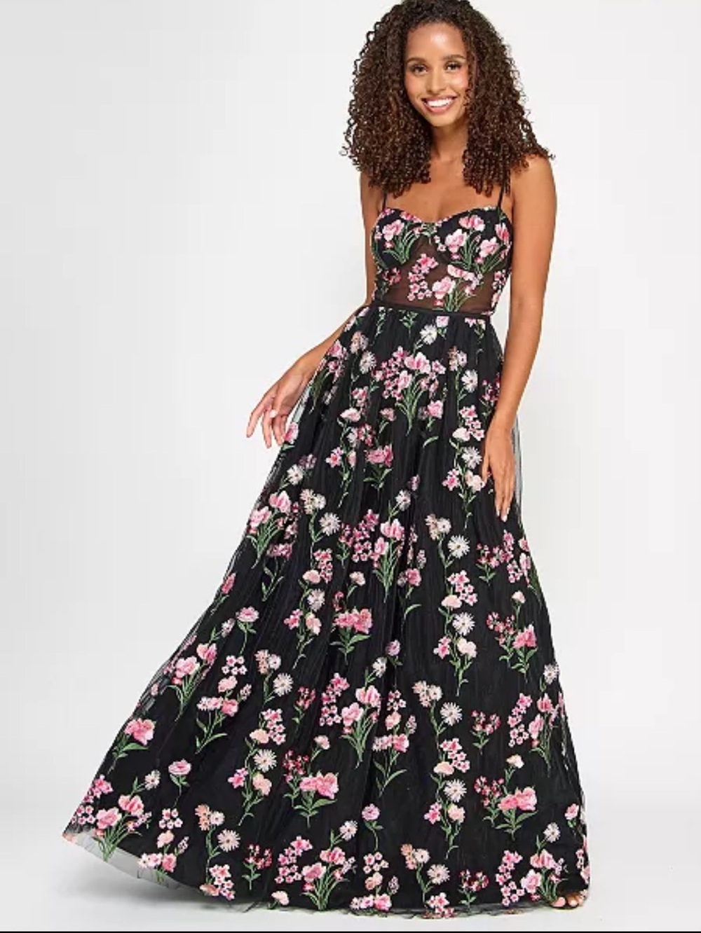 Black Floral Embroidered Tulle Maxi Dress Gown Size 4 Size 7